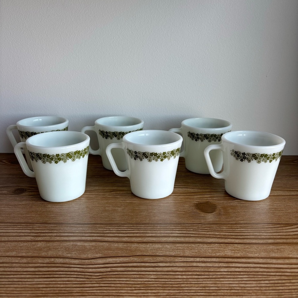 Six Pyrex Spring Blossom Crazy Daisy Green Flower Milk Glass Mugs
